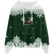 Generisch Noel Baskılı 2025 Kapüşonlu Zarif D-Yeşil Kadın Sweatshirt