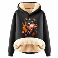 Generisch Noel Baskılı 2025 Kış Kapüşonlu Zarif Uzun Kollu Gündelik E-Siyah Kadın Sweatshirt