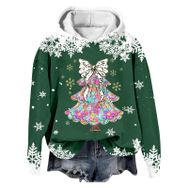 Generisch Noel Baskılı 2025 Modern Kapüşonlu Kışlık Zarif Gündelik 4-Koyu Yeşil Kadın Sweatshirt