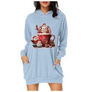 Generisch Noel Baskılı 2025 Modern Kapüşonlu Uzun Kollu Açık Mavi 1 Kadın Sweatshirt
