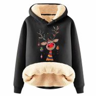 Generisch Noel Baskılı 2025 Modern Kapüşonlu Uzun Kollu G-Siyah Kadın Sweatshirt