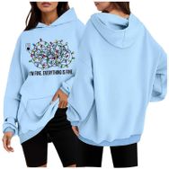 Generisch Noel Baskılı 2025 Modern Kapüşonlu Uzun Kollu Gündelik 2 Açık Mavi Kadın Sweatshirt
