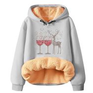 Generisch Noel Baskılı 2025 Modern Kapüşonlu Uzun Kollu Zarif Gündelik Açık Gri-1 Kadın Sweatshirt