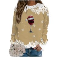 Generisch Noel Baskılı Yuvarlak Yaka Uzun Kol Haki-A Kadın Sweatshirt