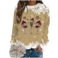 Generisch Noel Baskılı Yuvarlak Yaka Uzun Kol Haki-B Kadın Sweatshirt