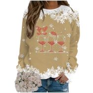 Generisch Noel Baskılı Yuvarlak Yaka Uzun Kol Haki-C Kadın Sweatshirt