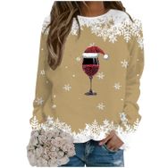 Generisch Noel Baskılı Yuvarlak Yaka Uzun Kol Haki-D Kadın Sweatshirt