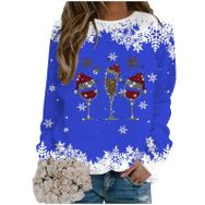 Generisch Noel Baskılı Yuvarlak Yaka Uzun Kol Mavi-B Kadın Sweatshirt