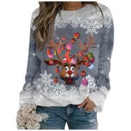 Generisch Noel Baskılı Yuvarlak Yaka Uzun Kol Şık 1-Gri Kadın Sweatshirt
