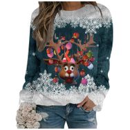 Generisch Noel Baskılı Yuvarlak Yaka Uzun Kol Şık 1-Koyu Yeşil Kadın Sweatshirt