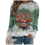 Generisch Noel Baskılı Yuvarlak Yaka Uzun Kol Şık 1-Yeşil Kadın Sweatshirt