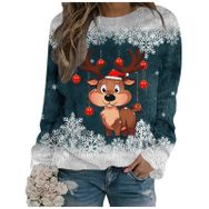 Generisch Noel Baskılı Yuvarlak Yaka Uzun Kol Şık 2-Koyu Yeşil Kadın Sweatshirt