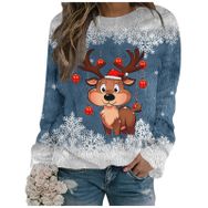 Generisch Noel Baskılı Yuvarlak Yaka Uzun Kol Şık 2-Mavi Kadın Sweatshirt