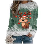 Generisch Noel Baskılı Yuvarlak Yaka Uzun Kol Şık 2-Yeşil Kadın Sweatshirt