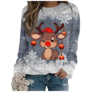 Generisch Noel Baskılı Yuvarlak Yaka Uzun Kol Şık 3-Gri Kadın Sweatshirt