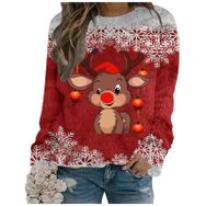 Generisch Noel Baskılı Yuvarlak Yaka Uzun Kol Şık 3-Kırmızı Kadın Sweatshirt