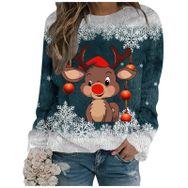 Generisch Noel Baskılı Yuvarlak Yaka Uzun Kol Şık 3-Koyu Yeşil Kadın Sweatshirt