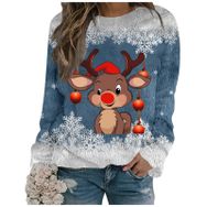 Generisch Noel Baskılı Yuvarlak Yaka Uzun Kol Şık 3-Mavi Kadın Sweatshirt