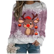 Generisch Noel Baskılı Yuvarlak Yaka Uzun Kol Şık 3-Pembe Kadın Sweatshirt
