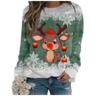 Generisch Noel Baskılı Yuvarlak Yaka Uzun Kol Şık 3-Yeşil Kadın Sweatshirt