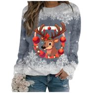 Generisch Noel Baskılı Yuvarlak Yaka Uzun Kol Şık 4-Gri Kadın Sweatshirt
