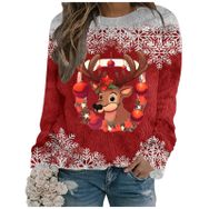 Generisch Noel Baskılı Yuvarlak Yaka Uzun Kol Şık 4-Kırmızı Kadın Sweatshirt
