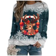 Generisch Noel Baskılı Yuvarlak Yaka Uzun Kol Şık 4-Koyu Yeşil Kadın Sweatshirt