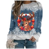 Generisch Noel Baskılı Yuvarlak Yaka Uzun Kol Şık 4-Mavi Kadın Sweatshirt