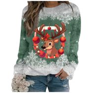 Generisch Noel Baskılı Yuvarlak Yaka Uzun Kol Şık 4-Yeşil Kadın Sweatshirt