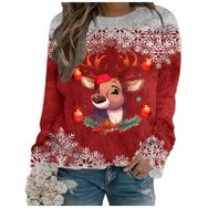 Generisch Noel Baskılı Yuvarlak Yaka Uzun Kol Şık 5-Kırmızı Kadın Sweatshirt