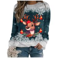 Generisch Noel Baskılı Yuvarlak Yaka Uzun Kol Şık 5-Koyu Yeşil Kadın Sweatshirt