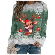 Generisch Noel Baskılı Yuvarlak Yaka Uzun Kol Şık 5-Yeşil Kadın Sweatshirt