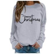 Generisch Noel Baskılı Yuvarlak Yaka Uzun Kol Şık Açık Gri-1 Kadın Sweatshirt
