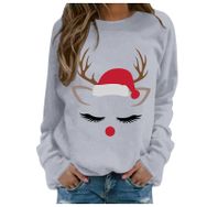 Generisch Noel Baskılı Yuvarlak Yaka Uzun Kol Şık Açık Gri-2 Kadın Sweatshirt
