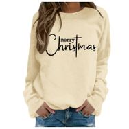 Generisch Noel Baskılı Yuvarlak Yaka Uzun Kol Şık Bej-1 Kadın Sweatshirt