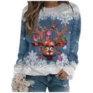 Generisch Noel Baskılı Yuvarlak Yaka Uzun Kol Şık Gündelik 1-Mavi Kadın Sweatshirt