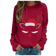 Generisch Noel Baskılı Yuvarlak Yaka Uzun Kol Şık Kırmızı-2 Kadın Sweatshirt