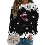 Generisch Noel Baskılı Yuvarlak Yaka Uzun Kol Siyah Schwarz-A Kadın Sweatshirt