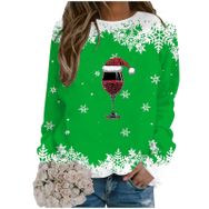 Generisch Noel Baskılı Yuvarlak Yaka Uzun Kol Yeşil Kadın Sweatshirt