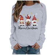 Generisch Noel Baskılı Yuvarlak Yaka Uzun Kollu Şık Açık Gri-D Kadın Sweatshirt