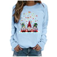 Generisch Noel Baskılı Yuvarlak Yaka Uzun Kollu Şık Açık Mavi-B Kadın Sweatshirt