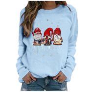 Generisch Noel Baskılı Yuvarlak Yaka Uzun Kollu Şık Açık Mavi-C Kadın Sweatshirt