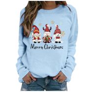 Generisch Noel Baskılı Yuvarlak Yaka Uzun Kollu Şık Açık Mavi-D Kadın Sweatshirt
