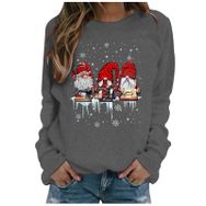 Generisch Noel Baskılı Yuvarlak Yaka Uzun Kollu Şık Gri-C Kadın Sweatshirt