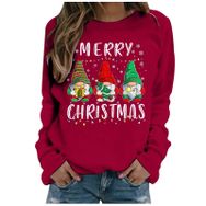 Generisch Noel Baskılı Yuvarlak Yaka Uzun Kollu Şık Kırmızı Kadın Sweatshirt