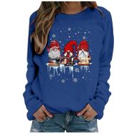 Generisch Noel Baskılı Yuvarlak Yaka Uzun Kollu Şık Mavi-C Kadın Sweatshirt
