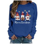 Generisch Noel Baskılı Yuvarlak Yaka Uzun Kollu Şık Mavi-D Kadın Sweatshirt