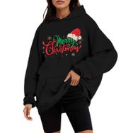 Generisch Schwarz B Noel Kapüşonlu Tarzı Boş Zaman Kazak Model Noel Baskılı Kış Uzun Kollu Gündelik Siyah Kadın Sweatshirt