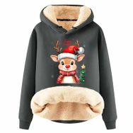 Generisch Zarif A Noel Kapüşonlu Tarzı Boş Zaman Polar Model Noel Baskılı Kış Uzun Kollu Gündelik Gri Kadın Sweatshirt