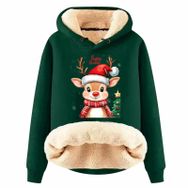 Generisch Zarif A Noel Kapüşonlu Tarzı Boş Zaman Polar Model Noel Baskılı Kış Uzun Kollu Gündelik Koyu Yeşil Kadın Sweatshirt